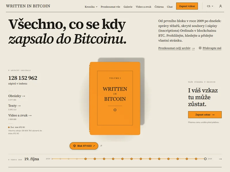 Náhled webu Written in Bitcoin - Interaktivní kronika a archiv Bitcoinu
